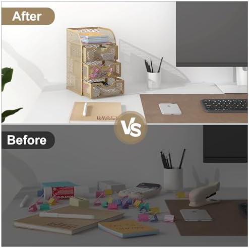 EasyPAG Mesh Desk Organizer with 3 Drawer Office Desktop Organizers and Accessories Stationery Caddy for Office, Home, Students, Gold - Image 4
