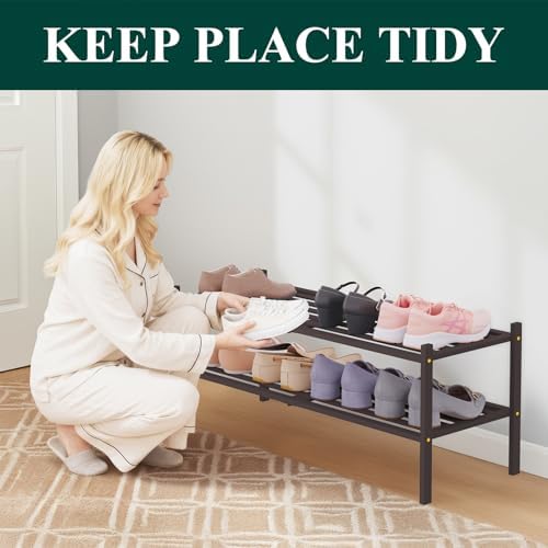 Smiry Bamboo Shoe Rack, 5 Horizontal Slats, 2 Tier - 33.9" Wide, Brown - Image 3