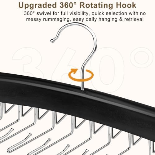 2 Pack Tie Rack Hanger, 24 Hooks Each, Space Saving Wooden Tie Organizer for Men, Holds Up to 24 Ties Belts Scarves, 360° Rotating Anti-Slip Rustproof Foldable Steel Hooks, No Wrinkles - Image 6