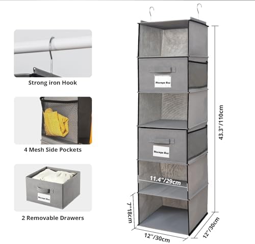 BrilliantJo 2 Pack 6 Shelves Hanging Closet Organizer with 2 Drawer, Hanging Storage with 4 Side Pockets for Clothes Shoes, 43.5"x12"x12"(Gray) - Image 3