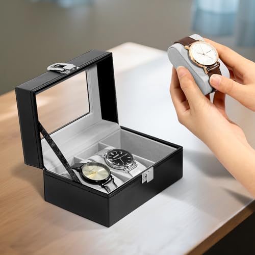 Uten 3-Slot Watch Box, PU Leather Watch Case with Glass Lid - Image 5