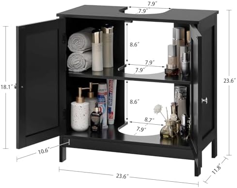 TEENFON Pedestal Sink Storage Cabinet, Under Sink Cabinet with 2 Doors & Shelf, Under Bathroom Sink Cabinet, Pedestal Sink Storage for Bathroom, Black - Image 3