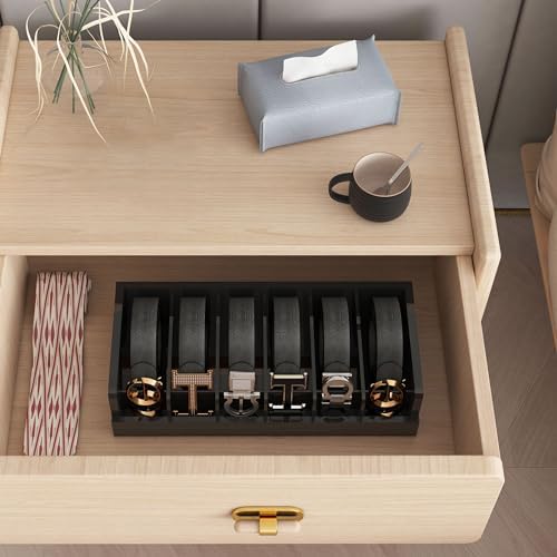 Belt Organizer for Closet - 6 Grids Black Bamboo Belt Storage Organizer Racks for Men Women's Drawer, Belt Display Holder Wall Mount with 2 Pcs Tie Clip - Image 3