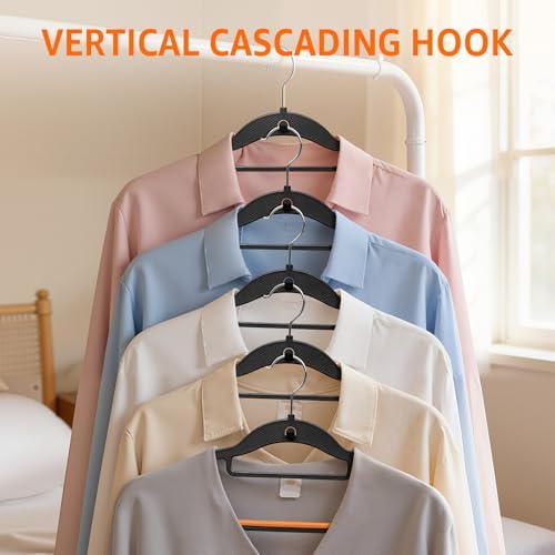Yolife Cascading Plastic Clothes Hangers 20 Pack with Inner Hook for Vertical Storage, Slim Space Saving Hangers with Non-Slip Pads, 360° Swivel Metal Hook, Versatile, Black & Orange - Image 2