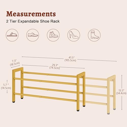 FAVOOSTY 2-Tier Expandable Shoe Rack, Adjustable Shoe Shelf Storage Organizer Space Saving Metal Free Standing Shoe Rack for Entryway Closet Doorway, Gold - Image 3