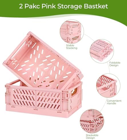 HUUSMOT 2-Pack Collapsible Plastic Storage Baskets, Pink, 9.8"x6.5"x3.8" - Image 2