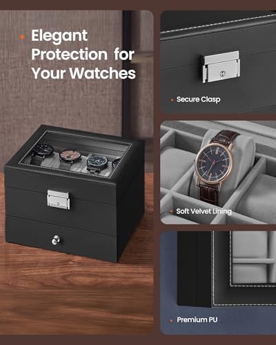 SONGMICS HOME Watch Box, PU Watch Case Organizer with Glass Lid, Removable Pillows, Metal Hardware, Lockable, 8 Slots, Black and Gray - Image 3