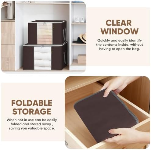 BALEINE 8 Pack Clothes Storage Bags, 16 Gallon Storage Containers with Reinforced Handle, Sturdy Zipper, Closet Organizer for Blanket, Comforter, Pillow, Bedding (Brown, 8 Pack) - Image 4