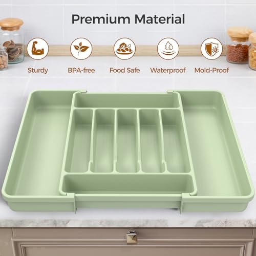 ukeetap Extra Large Expandable Silverware Organizer, Flatware Tray, Green - Image 4