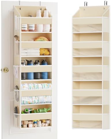 SpaceAid 1 Pack Over The Door Organizer with 5 Large Pockets and 10 Mesh Side Pockets, 5 Layers Door Organizer Hanging with Clear Window for Bedroom, Bathroom, Pantry and Nursery, Beige by SpaceAid