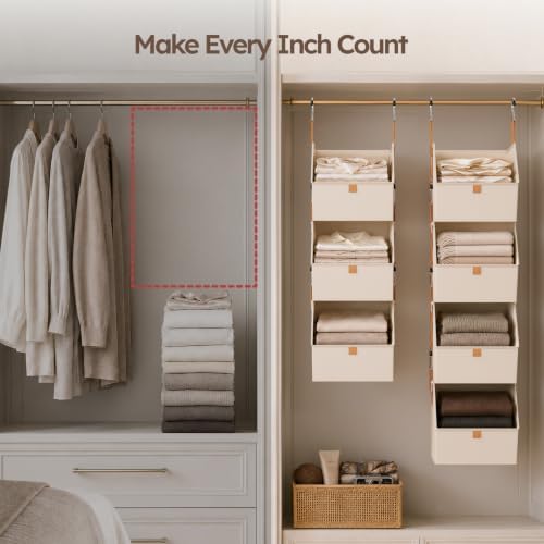 Homsorout Collapsible Hanging Closet Organizer - 3 Tier Closet Shelves Storage System with Hooks, Fabric Hanging Storage Bins for Clothes, Foldable Storage Basket for Laundry, Bedroom, Rv, Beige - Image 6