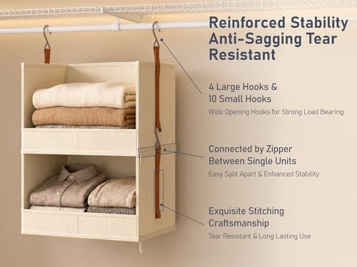 DIMJ Hanging Closet Organizer - 3-Tier Modular Hanging Shelves with Zippers Hooks, Collapsible Baskets for RV, Dorm, Small Spaces, Fabric Storage Bins for Clothes, Handbags - Image 6