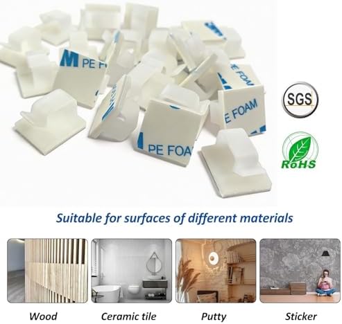 150 PCS Adhesive Cable Wire Clips Black, Outdoor Cable Management Wire Organizer Cord Holder for Under Desk, Car, Wall, TV PC Ethernet Cable (White) - Image 3