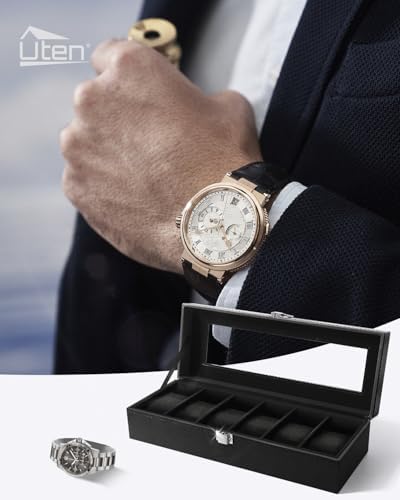 Uten Watch Box 6 Slots, Watch Case Organizer with Glass Lid, All Black - Image 7