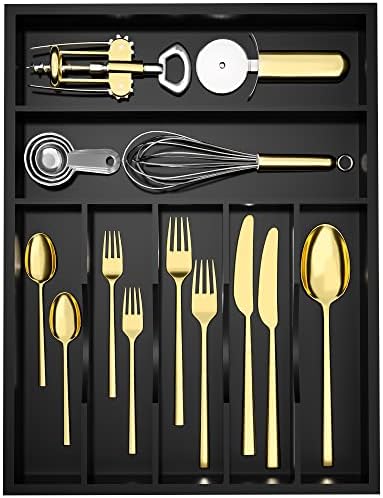 Utensil Organizer Silverware Drawer Organizer - 7 Slots Bamboo Silverware Tray For Kitchen Cutlery Office Supplies Makeup Desk Storage Garage Tool Organization W13”x L17” (Black) by WUSHIZHUHUN