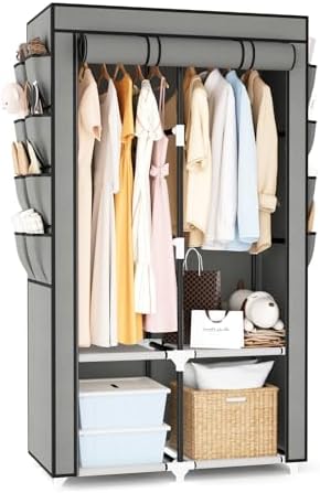 Portable Closet for Hanging Clothes, Portable Wardrobe Closet with Cover, 4 Storage Shelves, 2 Hanging Rods and 8 Side Pockets, Easy Assembly and Sturdy Free Standing Closet for Bedroom, Grey by BRFOYU