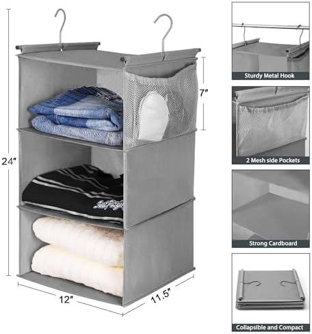 MAX Houser 3 Tier Shelf Hanging Closet Organizer, Space Saver,Closet Hanging Shelf with 2 Sturdy Hooks for Storage, Foldable (Grey) - Image 3