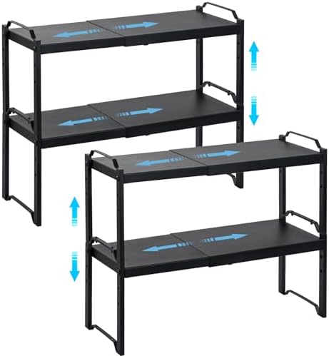 4 Pack Kitchen Cabinet Shelves Organizers, Kitchen Counter Storage Shelf Spice Rack, Expandable Length, Adjustable Height, Stackable, Sturdy 30LBS Bearing, Small Cupboard Tabletop Organizer Shelf Rack by X-cosrack