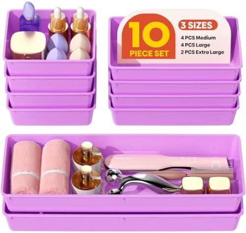 10 Pack Large Size Plastic Drawer Organizers Set, 3 Sizes Desk Drawer Organizer Trays, Storage Bins for Vanity, Makeup, Bathroom, Kitchen Utensils and Office (Purple) by Unknown