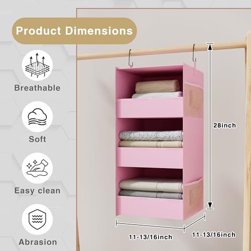 3-Shelf Hanging Closet Organizer, Washable Foldable Storage Shelves, Pink - Image 3