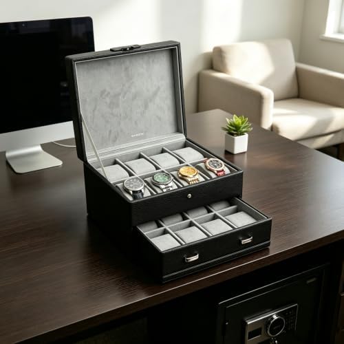 SANZIE Watch Box, 16-Slot Watch Case Organizer for Men, 2 Layers (Black) - Image 5