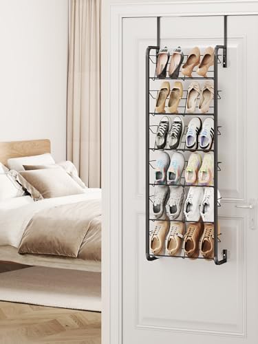SWTYMIKI Over the Door Shoe Organizer - 6 Tier Wall Mount Shoe Rack for Door Storage- Heavy Duty Metal Hanging Shoes Shelf for Flats, Heels, Sneakers, Boots Black - Image 2