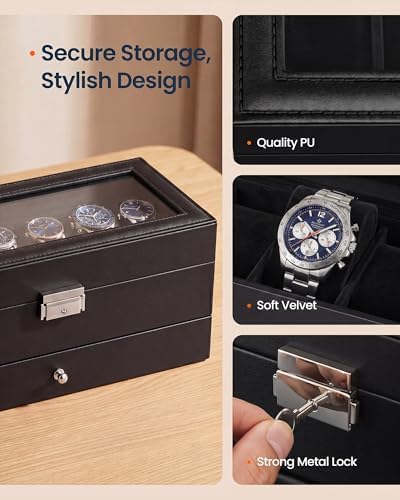 SONGMICS HOME Watch Box, PU Watch Case Organizer with Glass Lid, Removable Pillows, Metal Hardware, Lockable, 6 Slots, Black - Image 4