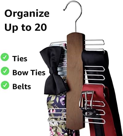 Umo Lorenzo 2 Pack Premium Wooden Necktie and Belt Hanger, Walnut Wood Center Organizer and Storage Rack with a Non-Slip Finish - 20 Hooks - Image 4