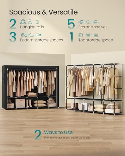SONGMICS Portable Closet with Cover, 5 Hanging Rods and Shelves - Image 3