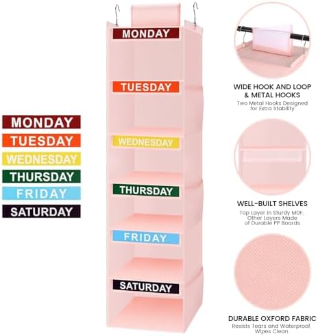 Weekly Clothes Organizer for Kids, 6-Shelf Kid Hanging Closet Organizer w/ 6 Side Pockets, Labeled Weekly Outfit Organizer for Kids, Days of The Week Clothes Organizer Monday Through Friday Pink - Image 4