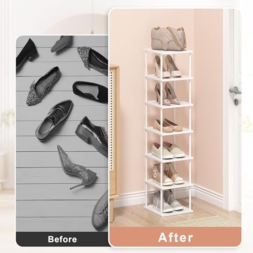 MHXW SXPN Bamboo Free Standing Shoe Rack Shelf Multi Tier Tall Wooden Stackable Shoes Rack Organizer for Closet Front Door Entrance Narrow Vertical Shoe Storage (White, 7 Tiers) - Image 4