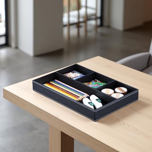 KINGFOM Pu Leather Desk Organizer Tray, 4 Compartment Office Storage Supplies Stationery Drawer Tray, Nightstand Bedside Tray for Key, Wallet, Sunglass, Watch, Coin, Phone Valet Tray Stackable Black - Image 7
