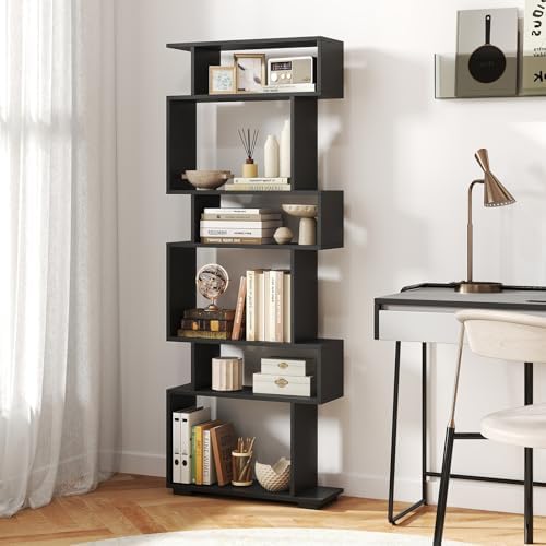 6 Tier S Shaped Bookshelf, Wood Geometric Bookcase, Modern Room Divider and Display Shelf, 64" Tall Staggered Bookshelf for Bedroom Living Room Office Study (1, Black) by SILKYDRY