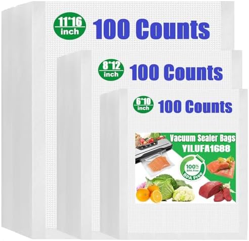 Vacuum Sealer Bags For Food-300 Quart 11"x16"and Quart 8"x12"and Pint 6"x10"-Commercial Grade BPA-Free Food Storage Bags | Puncture Resistant for Sous Vide ，Freezing & Meal Prep by YILUFA1688