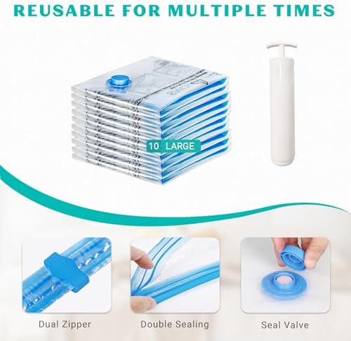 10 Pack Large Space Saver Vacuum Storage Bags Large Seal Bags for Bedding Compression Bags for Travel Comforters Blankets Bedding Pillows Luggage Hand Pump Included - Image 4