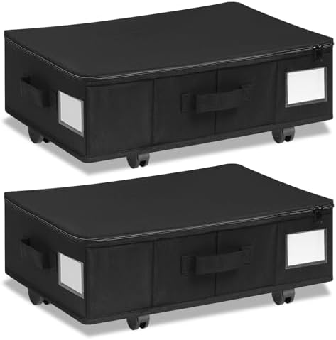 Vincona Under Bed Storage with Wheels, 2 Pack Under Bed Storage Containers with Label Holders for Clothes, Shoes and Blankets, Rolling Underbed Shoe Organizer with Cover, Black (23.6 x 15.7 x 7.28 in) by Vincona