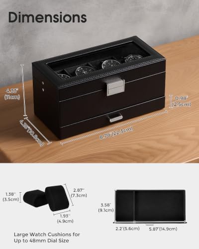 Lolalet 4-Slot Watch Case for Men, Mens Jewelry Box with Glass Lid -Black - Image 6