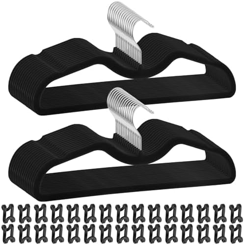 Pants Hangers Non Slip, 30 Pack Velvet Hangers for Closet with 30 Hooks, Strong Durable Slimline Space Saving Pants Hanger, Space Saving Flocked Hangaers for Pants, Shirts, Bra, Shorts (Black-M-shape) by Wensdr