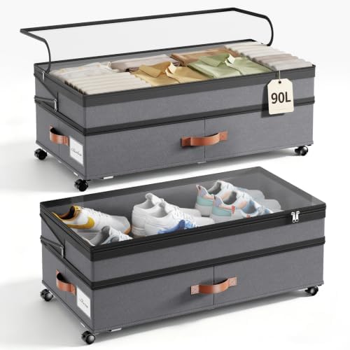 Yecaye 90L Under Bed Storage with Wheels, Height Adjustable, 2 Pack, Grey by Yecaye