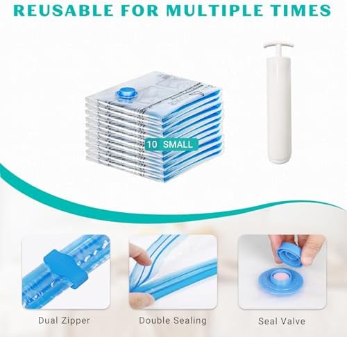 10 Pack Small Space Saver Vacuum Storage Bags Compression Seal Bags for Travel Clothing Luggage Blankets Comforters with Hand Pump - Image 4