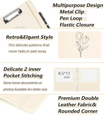 1 Inch 3 Ring Linen Binder Organizer, BVSSX Three Ring Binders with Clipboard, Plastic Folder, 5-Tabs Pocket Dividers with Sticker Labels, Pen Loop, Elastic Strap (Beige, Letter Size) - Image 4