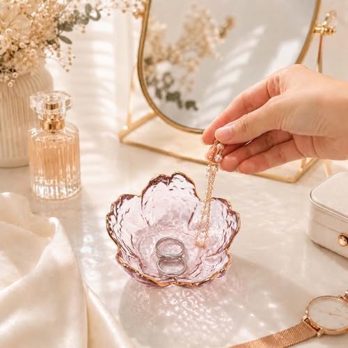 Pink Flower Jewelry Ring Dish Tray,Decorative Glass Trinket Dish,Room Decor Aesthetic, Modern Accent Tray for Vanity(Pink Gold Border) - Image 3