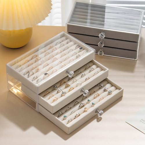 SPAKOWN Ring Box Display Holder, Clear Velvet Jewelry Storage Tray Organizer for Ring Stud Earring (Grey - 3 Drawers) - Image 6