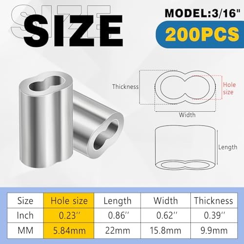 200 Pcs 3/16" Aluminum Crimping Loop Sleeve, Cable Crimps Ferrules, Silver - Image 2
