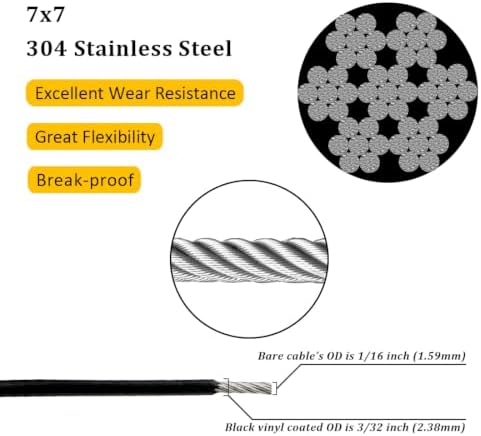 Vinyl Coated Wire Rope 304 Stainless Steel Coated Wire Cable-Black, 1/16" OD to 3/32" x700FT, with 250 Pcs Crimping Sleeves-Cable for String Lights, Suitable for Clotheslines - Image 2