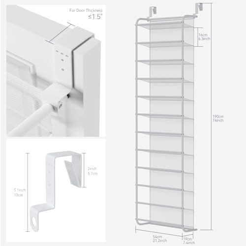 Whitmor 36 Pair Over the Door Shoe Rack,12 Tier Hanging Shoe Organizer with Metal Frame & Mesh Shelves, Heavy Duty Shoe Storage Holder for Door,No Drill Installation, 74"H x 21.7"W x 7.5"D, Matt White - Image 2
