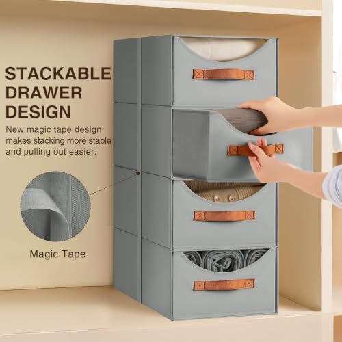 Homsorout Stackable Storage Drawers - Large Collapsible Storage Bins with Drawers, 8 Pack Closet Shelf Organizer Basket, Fabric Pull Out Organizer for Bedroom, Living Room, Dorm, Grey - Image 4