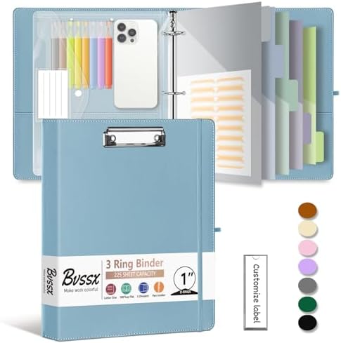 1 Inch 3 Ring Leather Binder Organizer, BVSSX Three Ring Binders with Clipboard, Plastic Folder, 5-Tabs Pocket Dividers with Sticker Labels, Pen Loop, Elastic Strap (Blue, Letter Size) by BVSSX