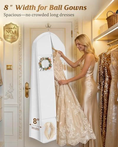 MISSLO Portable 70" Wedding Dress Garment Bag with Bride Tote Bag 8'' Gusseted Dress Bags for Gowns Long 4 Pockets Dress Cover for Women, White - Image 2