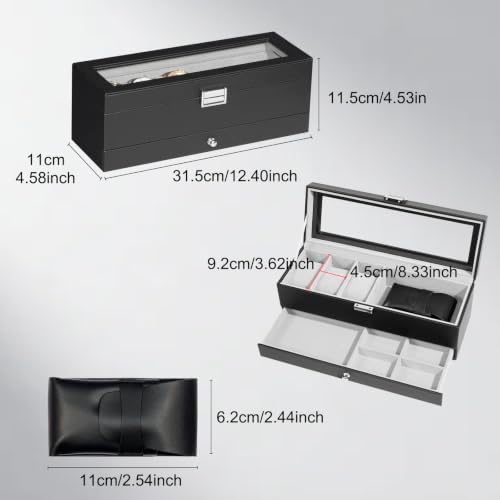 Watch and Sunglasses Box, 3 Slots, Glass Lid and Drawer for Men - Image 5